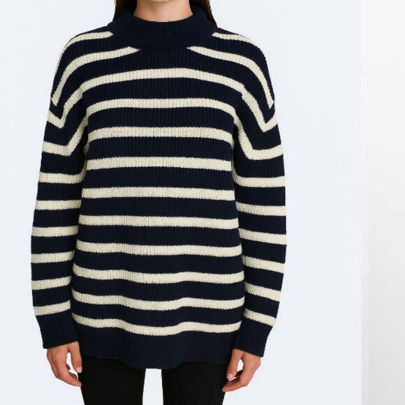 Zara Ribbed Chunky Knit Crew Neck Striped Sweater Blue White L - Picture 1 of 14